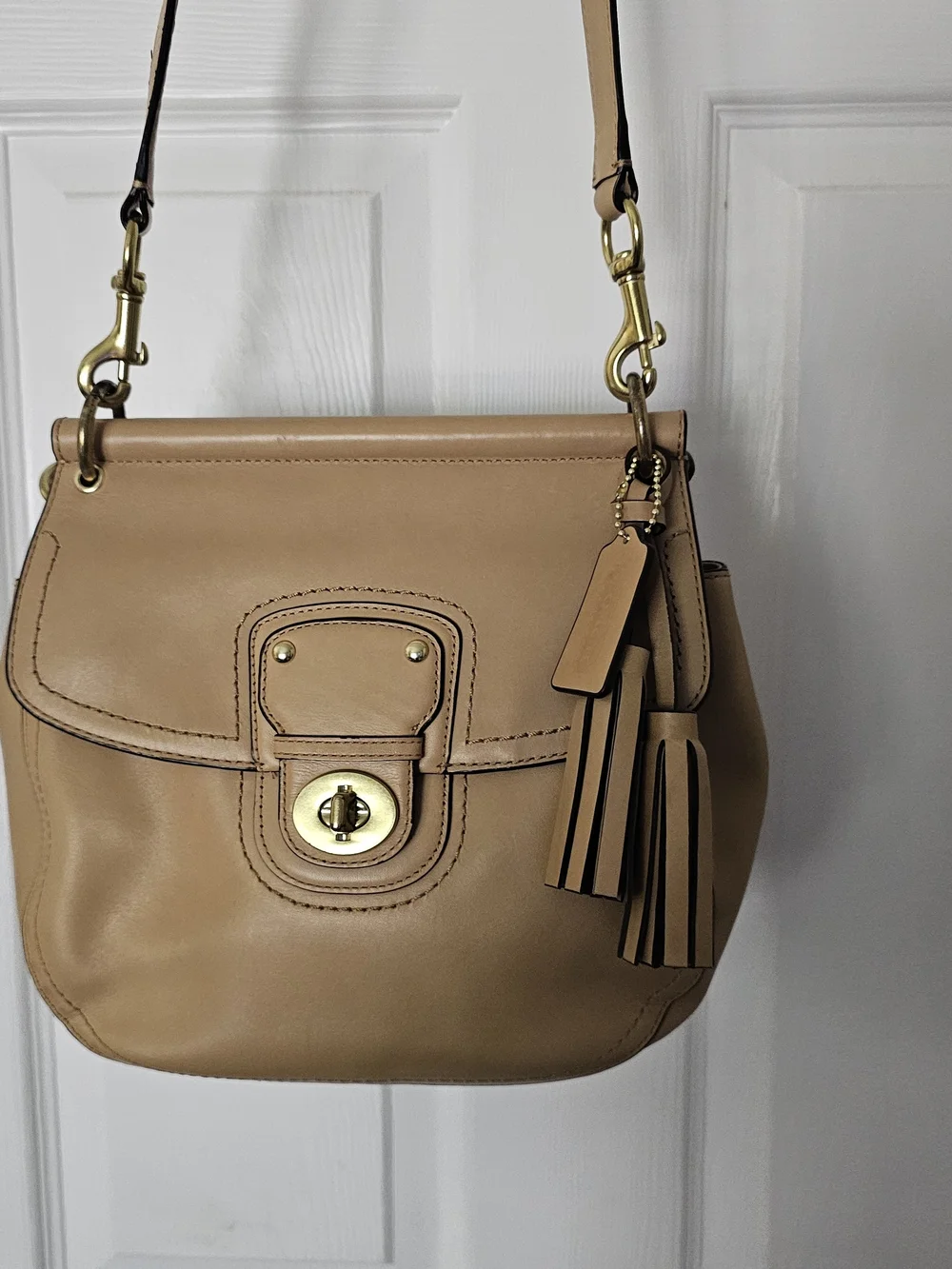 Coach Tan Leather Shoulder Bag with Tassel and Turnlock